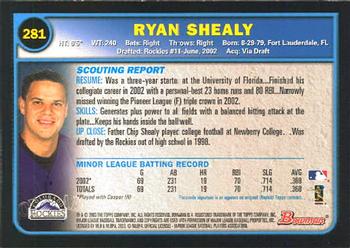 2003 Bowman #281 Ryan Shealy Back