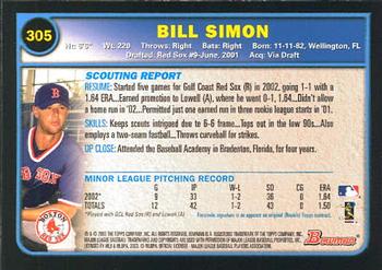 2003 Bowman #305 Bill Simon Back