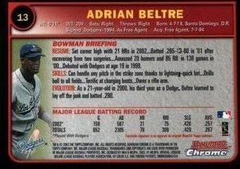 2003 Bowman Chrome #13 Adrian Beltre Back