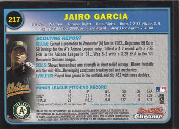 2003 Bowman Chrome #217 Jairo Garcia Back