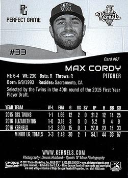 2017 Choice Cedar Rapids Kernels #07 Max Cordy Back