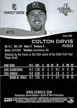 2017 Choice Cedar Rapids Kernels #08 Colton Davis Back