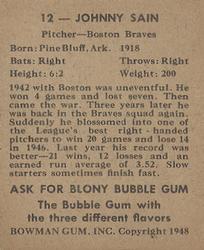 1948 Bowman #12 Johnny Sain Back