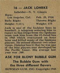 1948 Bowman #16 Jack Lohrke Back