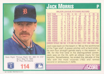 1991 Score #114 Jack Morris Back