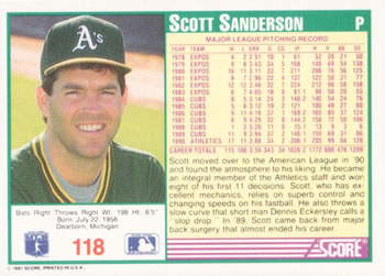 1991 Score #118 Scott Sanderson Back