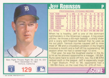 1991 Score #129 Jeff Robinson Back