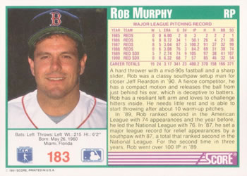1991 Score #183 Rob Murphy Back