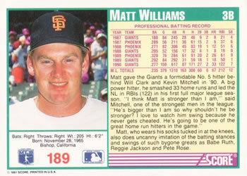 1991 Score #189 Matt Williams Back
