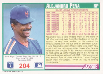1991 Score #204 Alejandro Pena Back