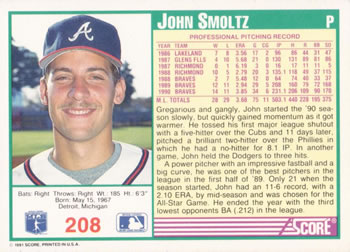 1991 Score #208 John Smoltz Back