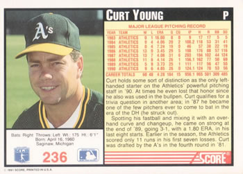 1991 Score #236 Curt Young Back