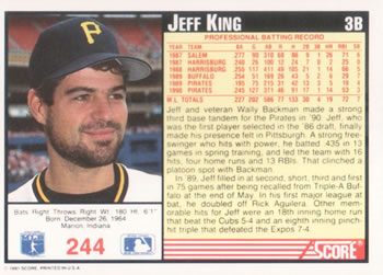 1991 Score #244 Jeff King Back