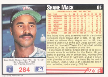 1991 Score #284 Shane Mack Back