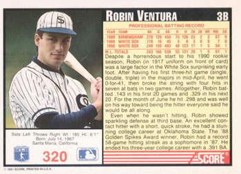 1991 Score #320 Robin Ventura Back