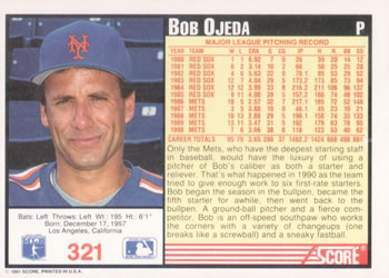 1991 Score #321 Bob Ojeda Back