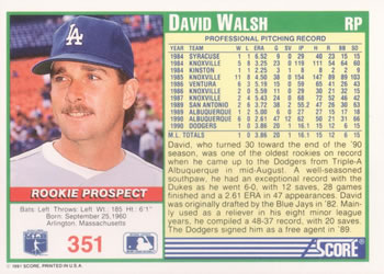 1991 Score #351 Dave Walsh Back