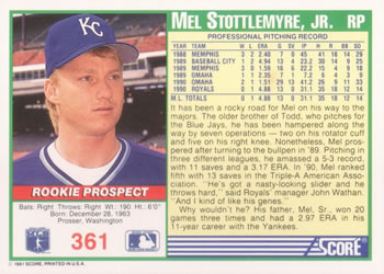 1991 Score #361 Mel Stottlemyre, Jr. Back