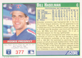 1991 Score #377 Bill Haselman Back