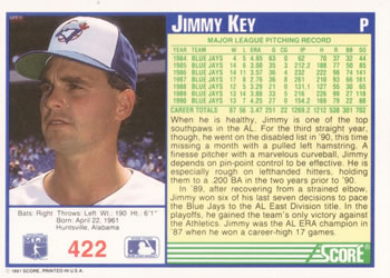 1991 Score #422 Jimmy Key Back