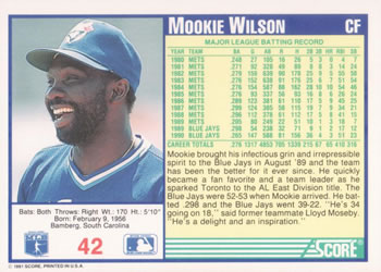 1991 Score #42 Mookie Wilson Back