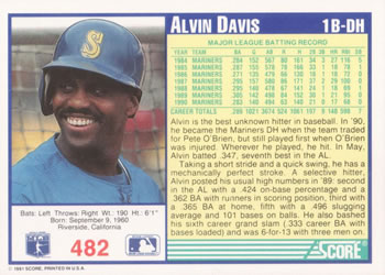 1991 Score #482 Alvin Davis Back