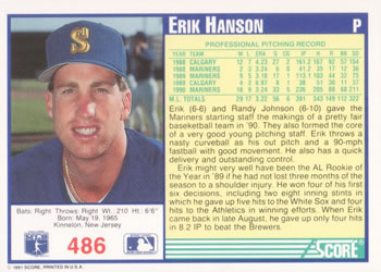 1991 Score #486 Erik Hanson Back