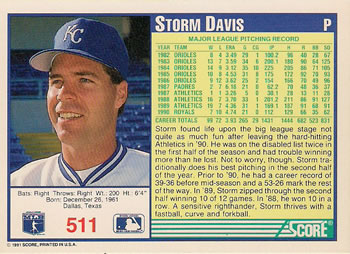 1991 Score #511 Storm Davis Back