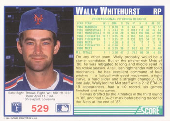 1991 Score #529 Wally Whitehurst Back