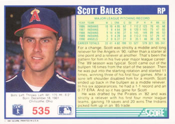 1991 Score #535 Scott Bailes Back