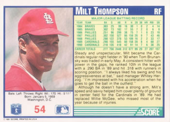 1991 Score #54 Milt Thompson Back