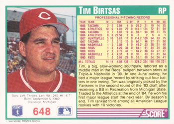 1991 Score #648 Tim Birtsas Back
