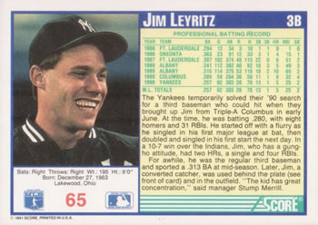 1991 Score #65 Jim Leyritz Back
