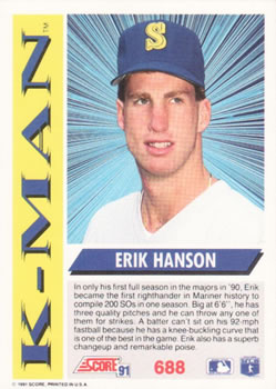 1991 Score #688 Erik Hanson Back