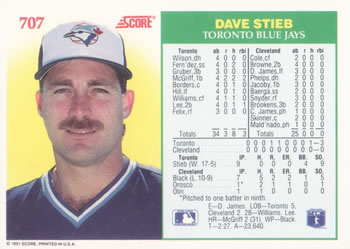 1991 Score #707 Dave Stieb Back