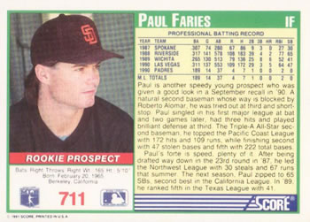 1991 Score #711 Paul Faries Back