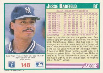1991 Score #148 Jesse Barfield Back