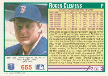 1991 Score #655 Roger Clemens Back
