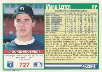 1991 Score #727 Mark Leiter Back