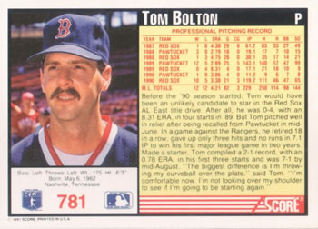 1991 Score #781 Tom Bolton Back