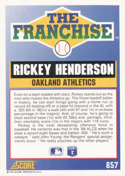 1991 Score #857 Rickey Henderson Back
