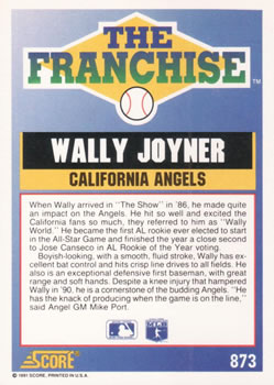 1991 Score #873 Wally Joyner Back