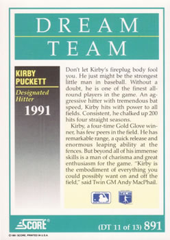 1991 Score #891 Kirby Puckett Back