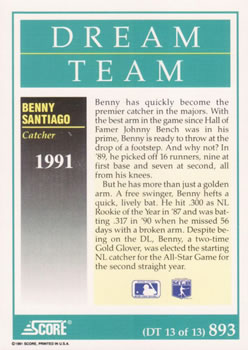 1991 Score #893 Benny Santiago Back