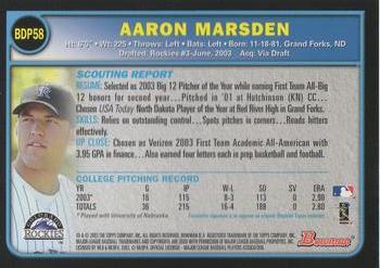 2003 Bowman Draft Picks & Prospects #BDP58 Aaron Marsden Back