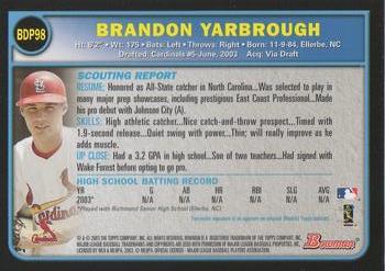 2003 Bowman Draft Picks & Prospects #BDP98 Brandon Yarbrough Back