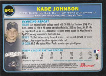 2003 Bowman Draft Picks & Prospects #BDP105 Kade Johnson Back