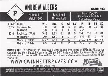 2017 Choice Gwinnett Braves #3 Andrew Albers Back