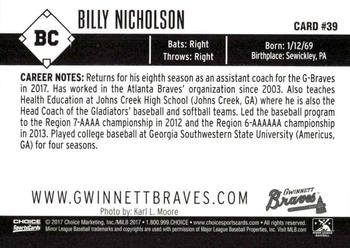 2017 Choice Gwinnett Braves #39 Billy Nicholson Back