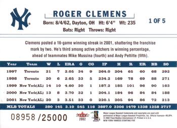 2002 Fleer Utz New York Yankees Starting Five #1 Roger Clemens Back